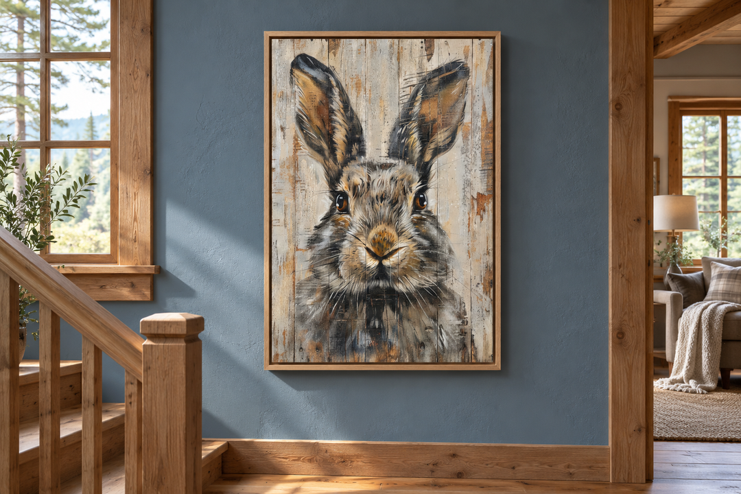 Rabbit rustic painting on wood framed canvas wall art hanging on a slate blue wall in a cabin.