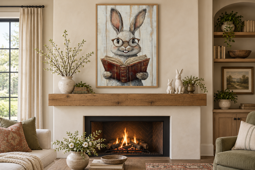 Smart Bunny Reading A Book Framed Canvas Wall Art displayed above a rustic fireplace mantel.