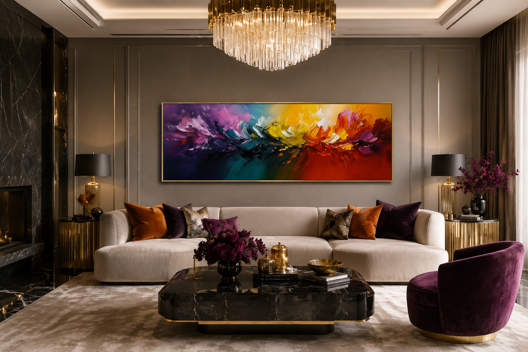 Long horizontal rainbow canvas wall art with a vibrant abstract color burst over a modern sofa.