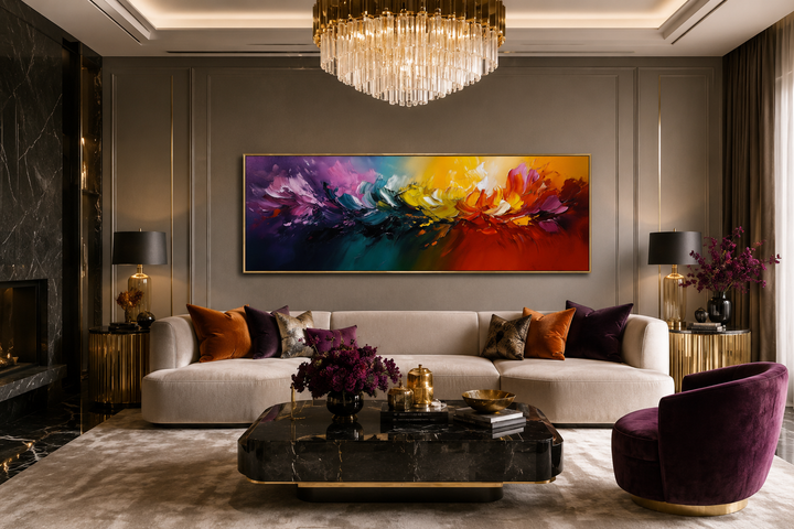 Long horizontal rainbow canvas wall art with a vibrant abstract color burst over a modern sofa.