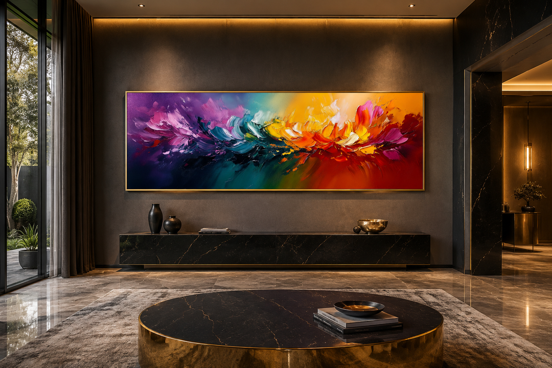 Burst of Color long horizontal rainbow canvas wall art in a modern living room setting.