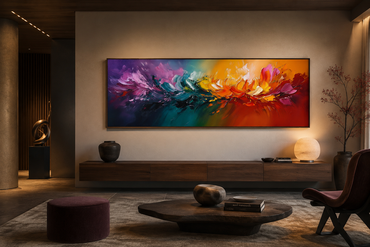 Burst of Color long horizontal rainbow canvas wall art in a modern living room setting.