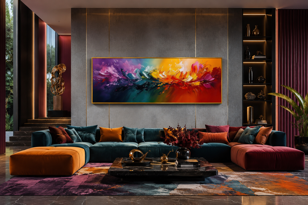 Long horizontal rainbow canvas wall art with abstract color burst above a modern sofa.