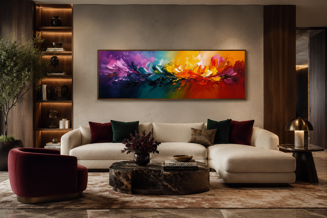 Long horizontal rainbow canvas wall art with a vibrant abstract color burst over a modern sofa.