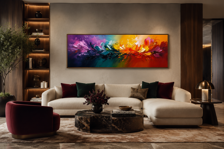 Long horizontal rainbow canvas wall art with a vibrant abstract color burst over a modern sofa.
