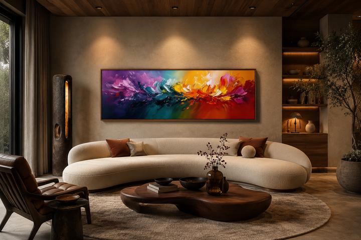 Long horizontal abstract rainbow canvas wall art with vibrant color bursts above a curved sofa.