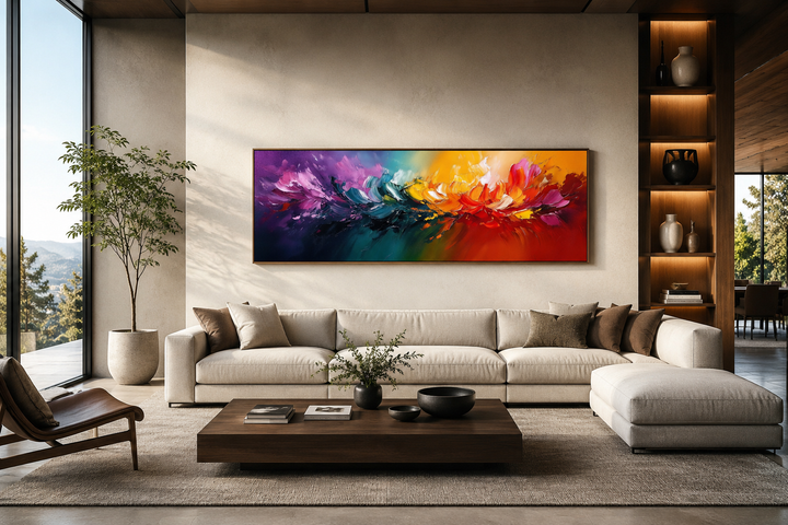Long horizontal abstract rainbow canvas wall art with vibrant paint bursts above a modern sofa.