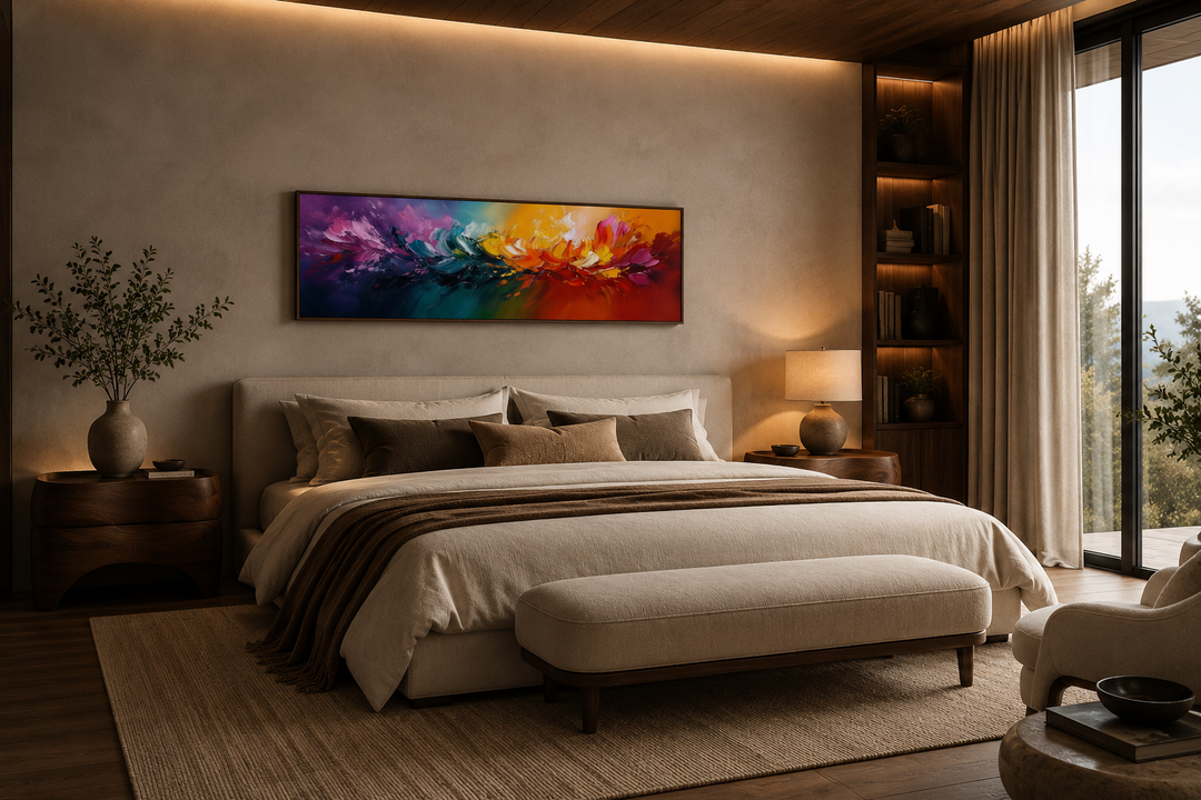 Burst of Color long horizontal rainbow abstract canvas wall art hanging above a bed in a bedroom.