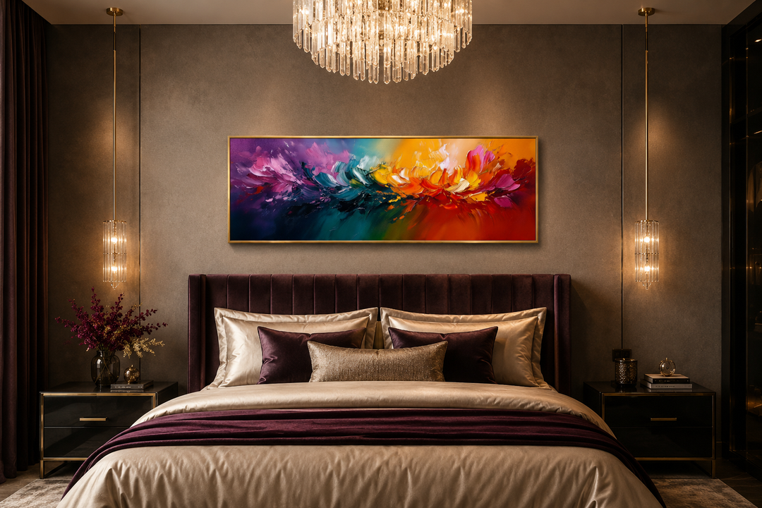 Burst of Color long horizontal rainbow canvas wall art above a bed in a modern bedroom.