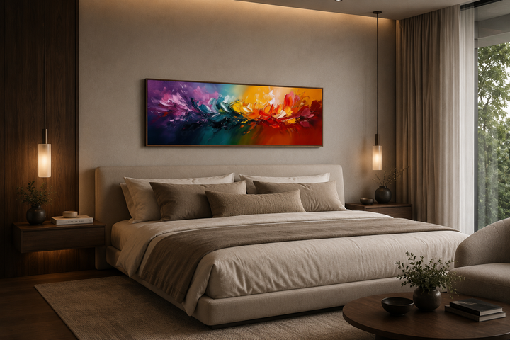 Burst of Color long horizontal rainbow abstract canvas wall art hanging above a bed in a bedroom.