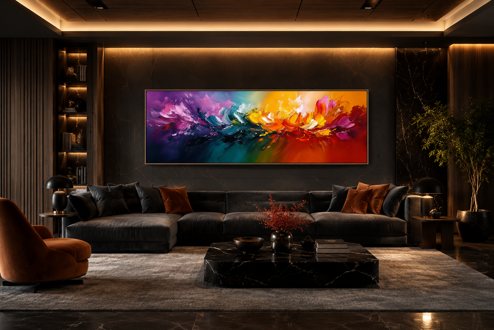 Long horizontal canvas wall art with a vibrant rainbow abstract burst over a dark modern sofa.