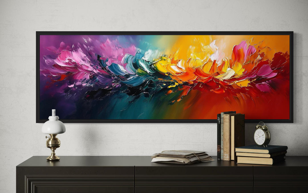 Burst of Color long horizontal rainbow canvas wall art with abstract vibrant brushstrokes.