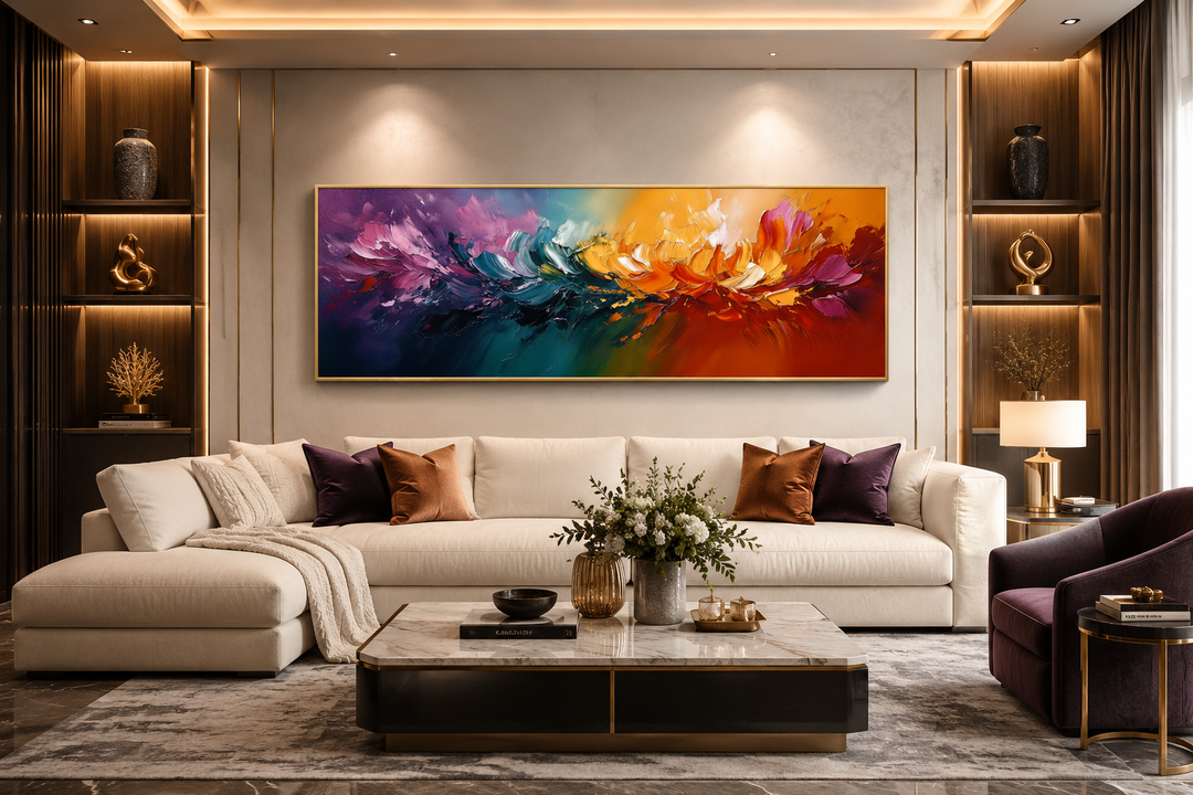 Burst of Color Long Horizontal Rainbow Canvas Wall Art displayed above a sofa in a modern room.