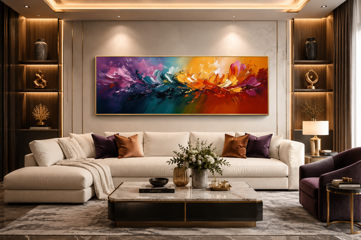 Burst of Color Long Horizontal Rainbow Canvas Wall Art displayed above a sofa in a modern room.