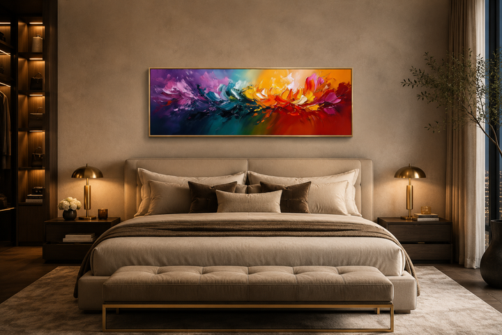 Burst of Color long horizontal rainbow canvas wall art hanging above a bed in a modern bedroom.