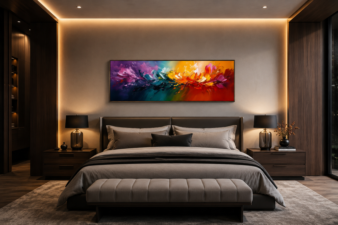 Burst of Color long horizontal rainbow canvas wall art hanging above a bed in a modern bedroom.