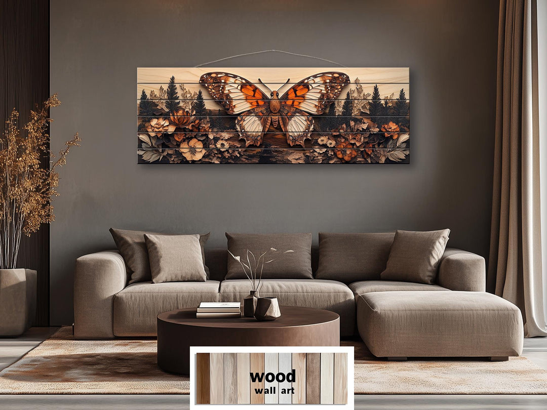 Butterfly and Distressed Rustic Wood Wall Art - Long Horizontal Print for Cabin Cottagecore Decor