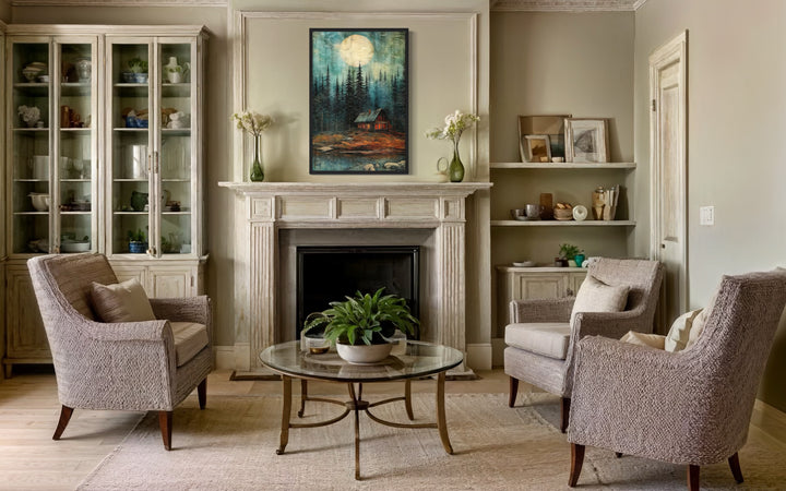Cabin In The Woods Framed Canvas Wall Art hanging above a fireplace in a cozy living room.