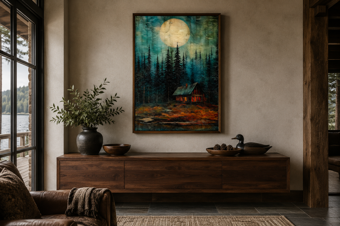 Framed canvas wall art of a moonlit cabin in a dark forest, hung above a wooden sideboard.
