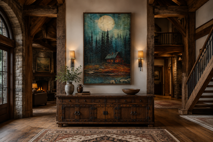 Framed canvas wall art of a cabin in a moonlit forest, displayed above a rustic wooden sideboard.
