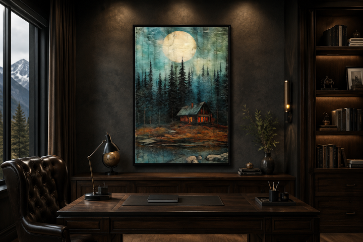 Framed canvas wall art of a moonlit cabin in a forest, hanging above a dark wood desk in a study.