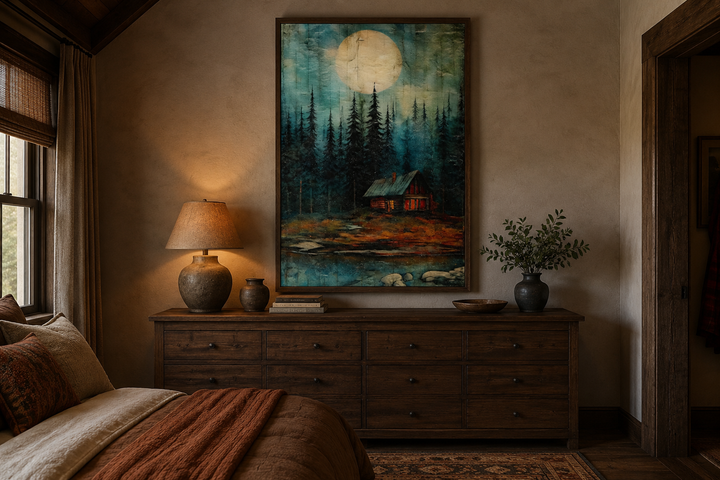 Framed canvas wall art of a moonlit cabin in a forest, hanging above a dark wood dresser in a bedroom.