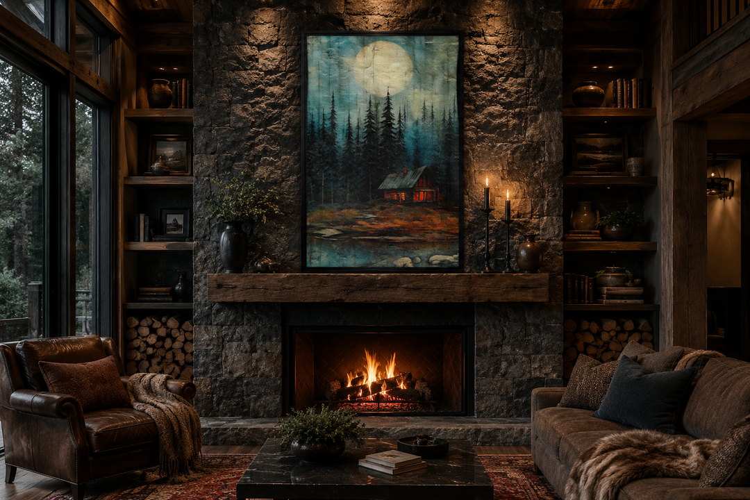 Cabin In The Woods Framed Canvas Wall Art hanging above a stone fireplace in a rustic living room.
