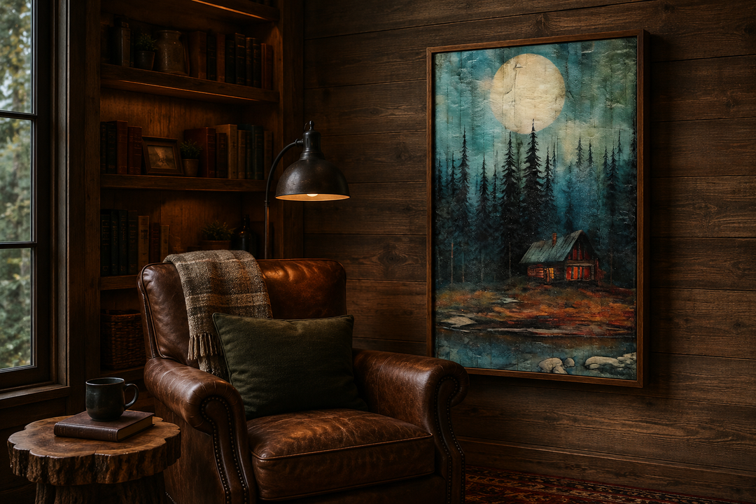 Framed canvas wall art of a cabin in a moonlit forest, hanging in a rustic wood-paneled room.