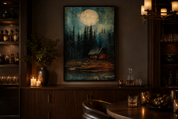 Framed canvas wall art of a moonlit cabin in a dark forest, displayed in a moody, rustic room.