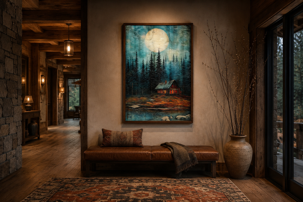 Framed canvas wall art of a cabin in a moonlit forest, displayed above a leather bench in a hallway.