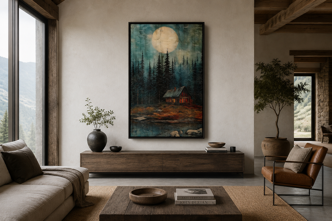 Cabin In The Woods Framed Canvas Wall Art hanging above a wooden console in a rustic living room.