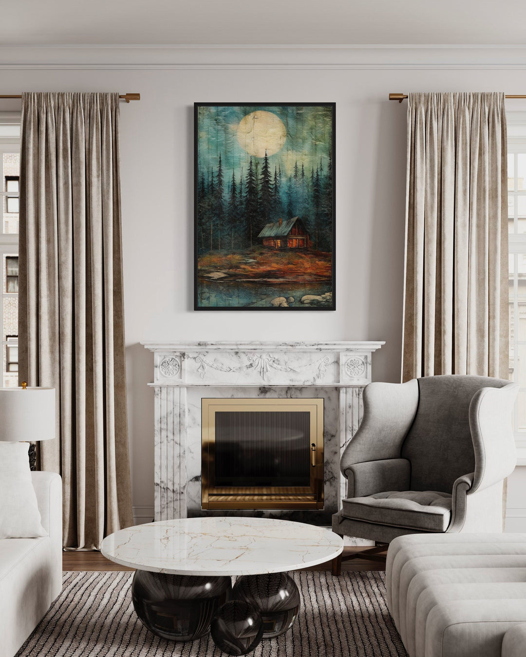 Cabin In The Woods Framed Canvas Wall Art hanging above a marble fireplace in a living room.