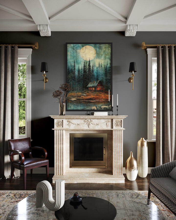Cabin In The Woods Framed Canvas Wall Art hanging above a fireplace in a moody, rustic living room.