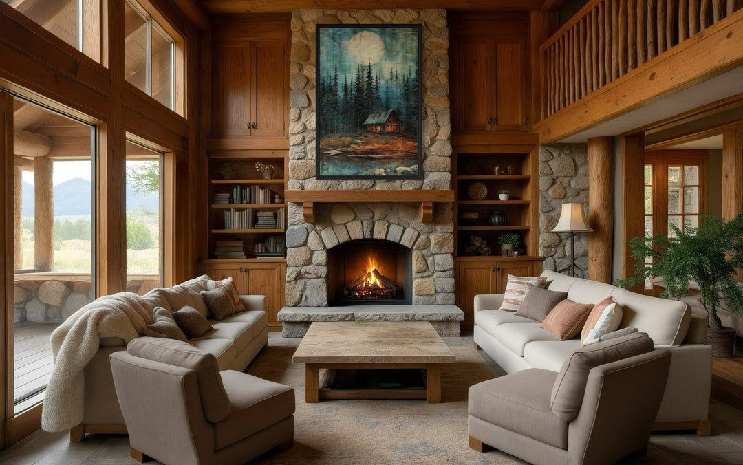 Cabin In The Woods Framed Canvas Wall Art hanging above a stone fireplace in a rustic living room.