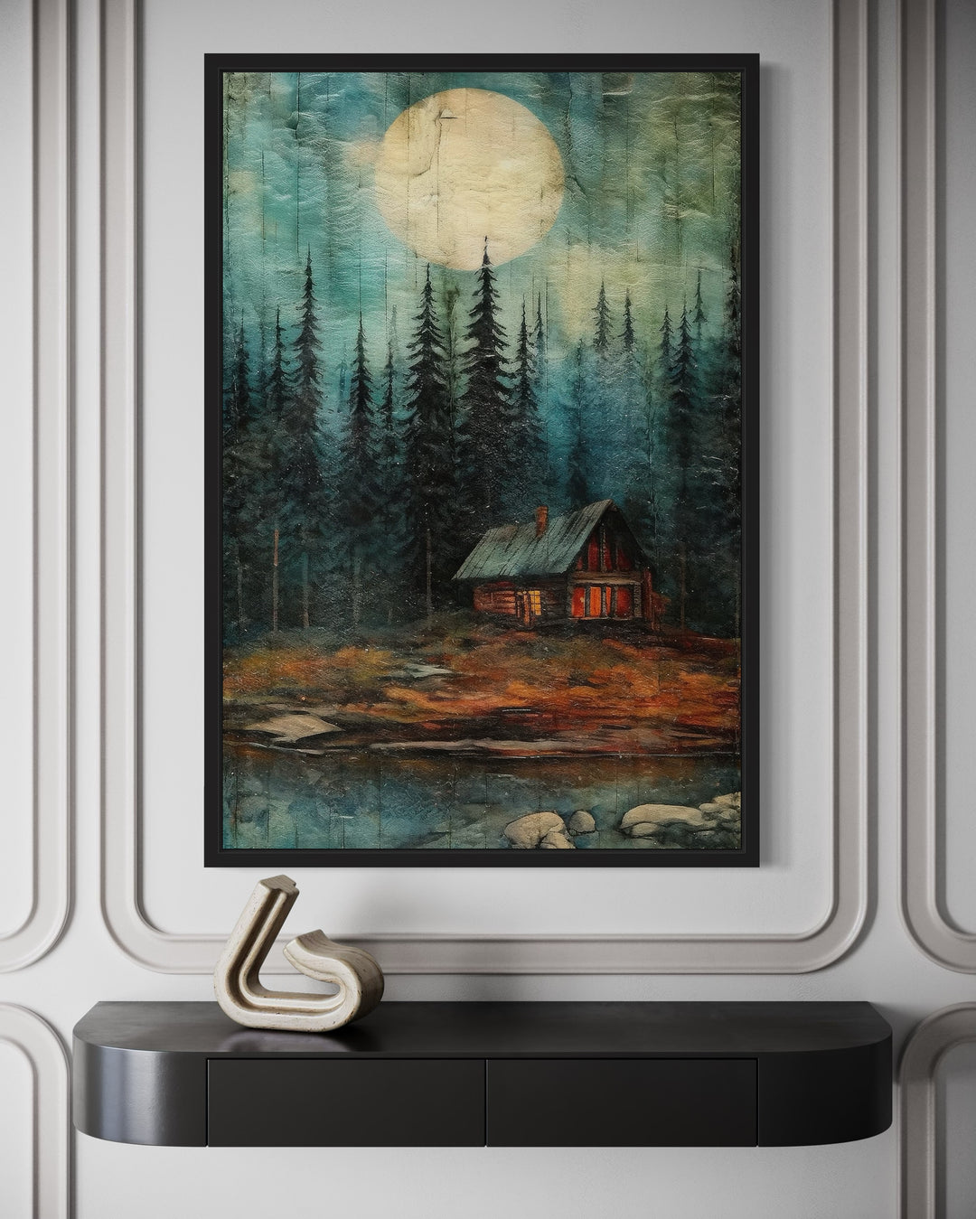 Cabin In The Woods Framed Canvas Wall Art featuring a moonlit forest and glowing cabin windows.