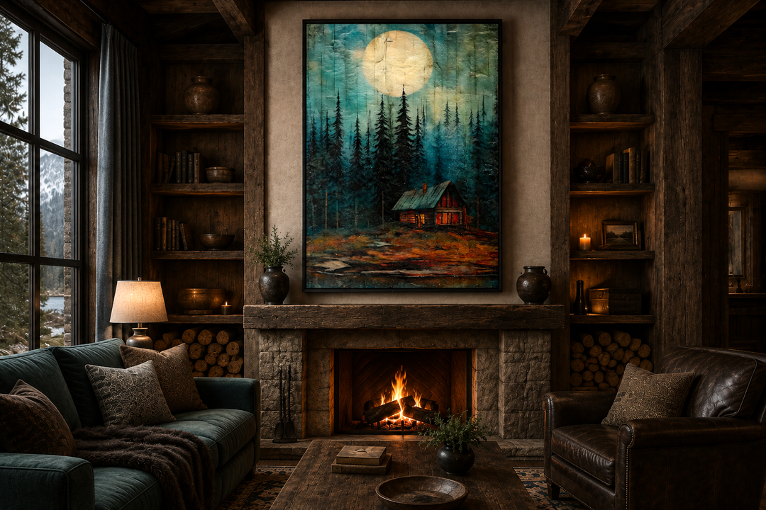 Framed canvas wall art of a cabin in a moonlit forest, hanging above a rustic stone fireplace.