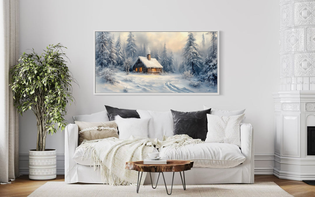 Cabin In The Woods In Snow Framed Canvas Wall Art