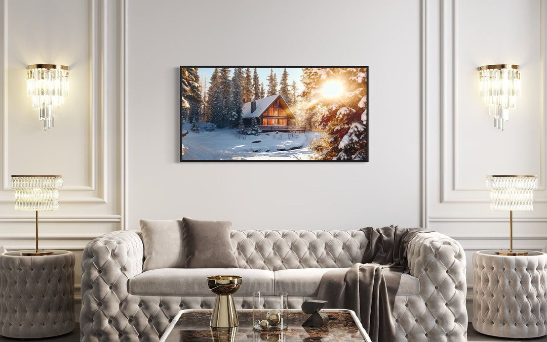 Cabin In The Woods In Snow Framed Canvas Wall Art