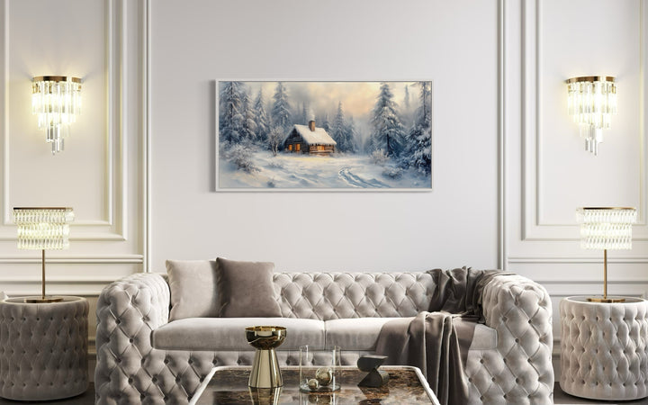 Cabin In The Woods In Snow Framed Canvas Wall Art