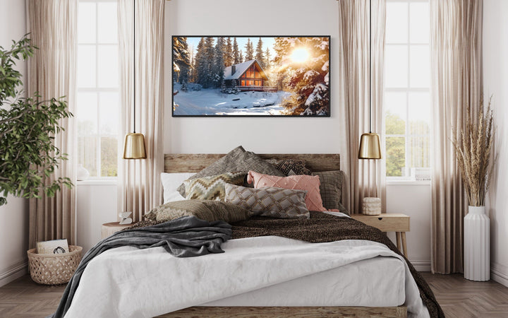 Cabin In The Woods In Snow Framed Canvas Wall Art