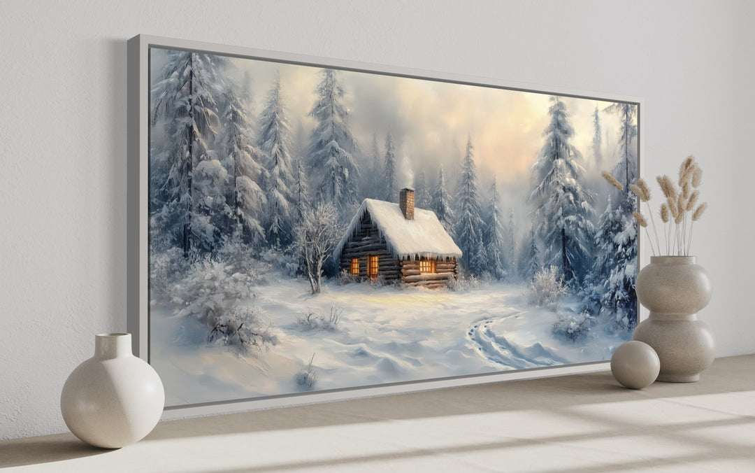 Cabin In The Woods In Snow Framed Canvas Wall Art