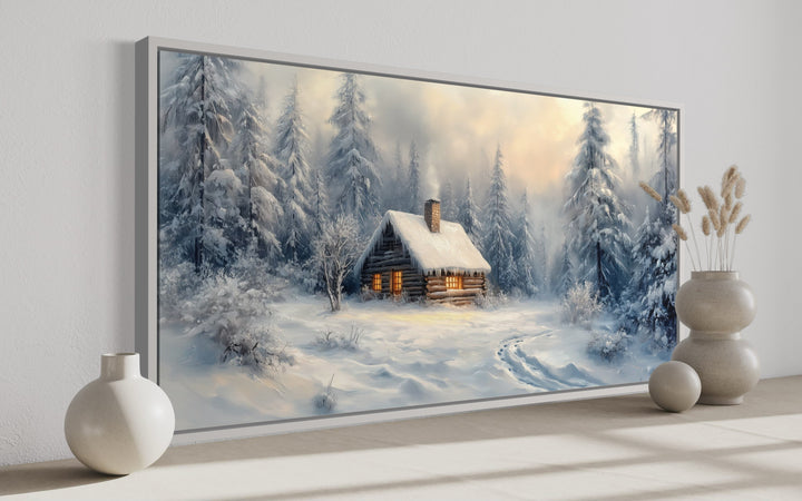 Cabin In The Woods In Snow Framed Canvas Wall Art