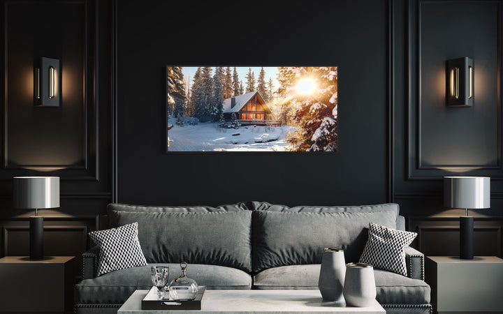 Cabin In The Woods In Snow Framed Canvas Wall Art