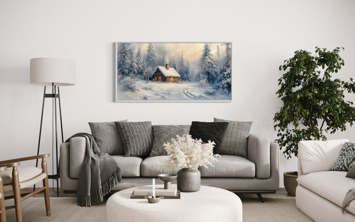 Cabin In The Woods In Snow Framed Canvas Wall Art