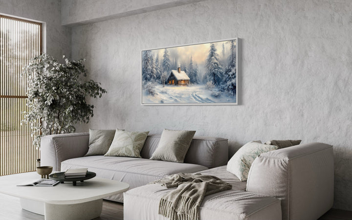 Cabin In The Woods In Snow Framed Canvas Wall Art