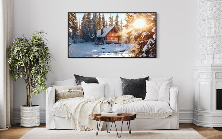 Cabin In The Woods In Snow Framed Canvas Wall Art