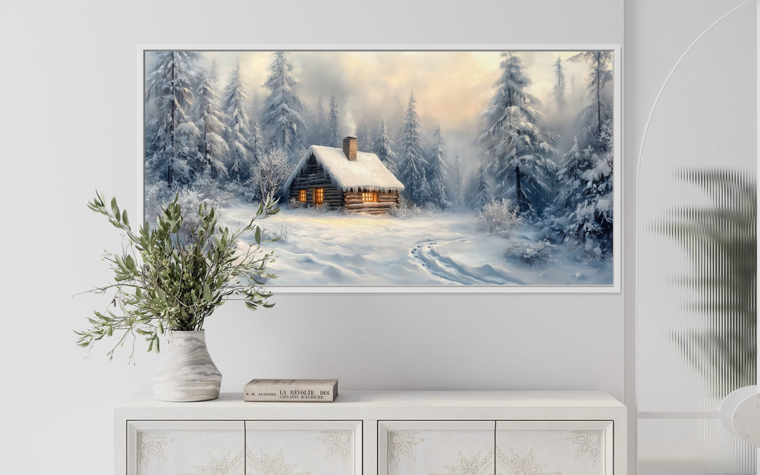 Cabin In The Woods In Snow Framed Canvas Wall Art