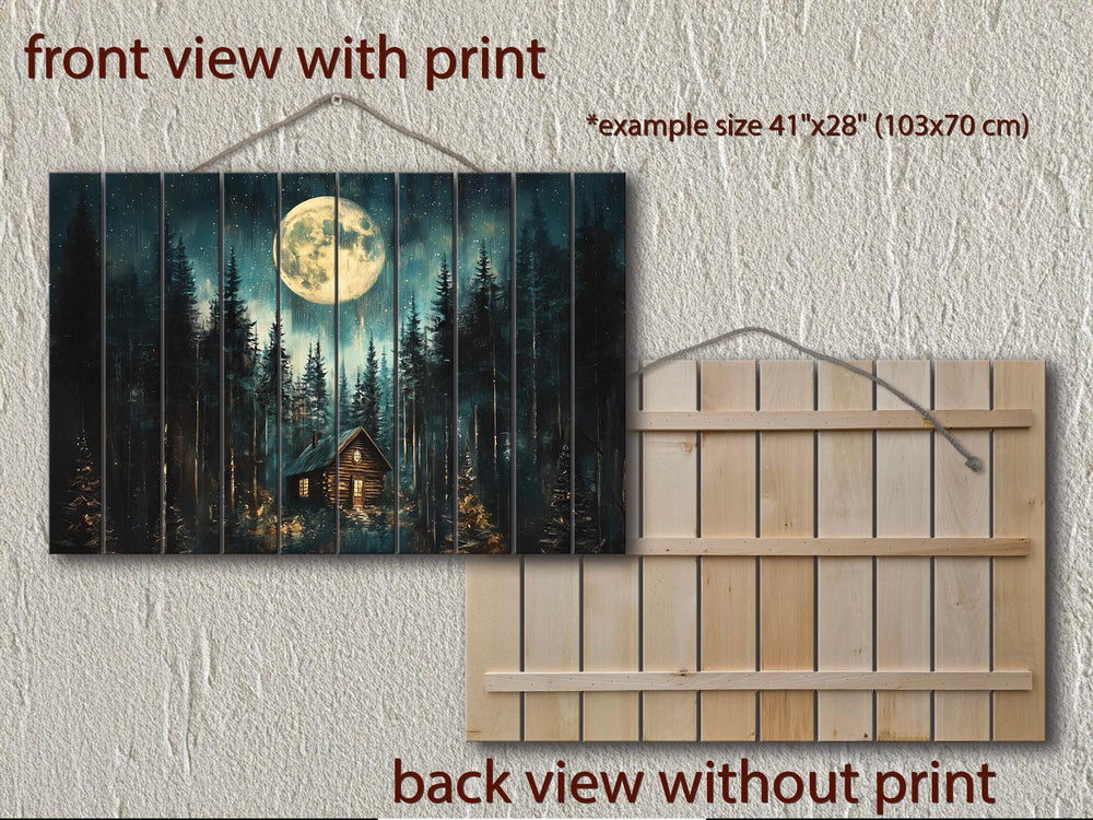 Cabin In The Woods Under Moon Distressed Wood Wall Art