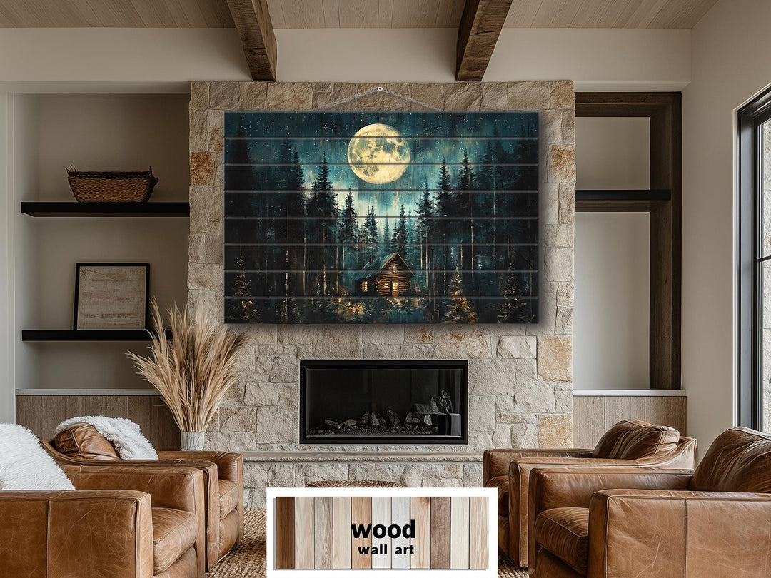 Cabin In The Woods Under Moon Distressed Wood Wall Art