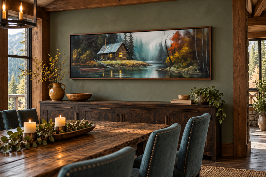 Narrow rustic framed canvas wall art featuring a cabin on a lake in a dining room setting.